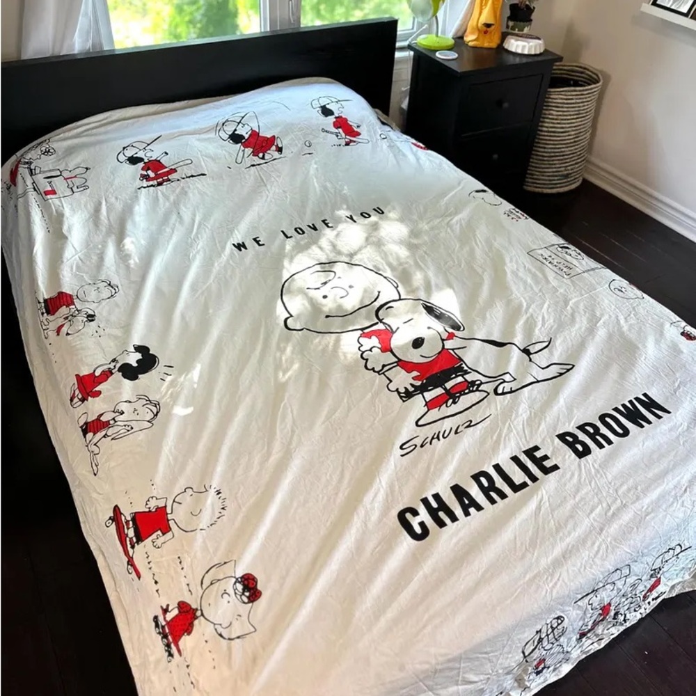 Vintage Queen Flat Sheet, Snoopy, Peanuts, White